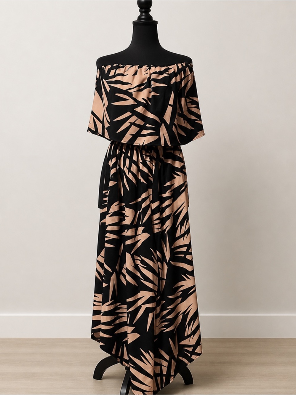 Tyche Off-Shoulder Jumpsuit – Black & Blush Tropical Print – Size Small